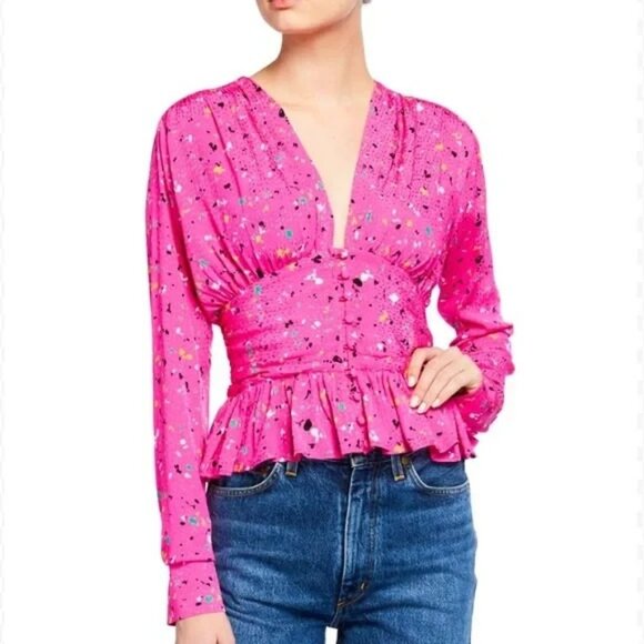 Rotate Birger Christensen Tracy Paint Splash Print Blouse Ruffle Hem Pink Size 2 - Picture 1 of 8